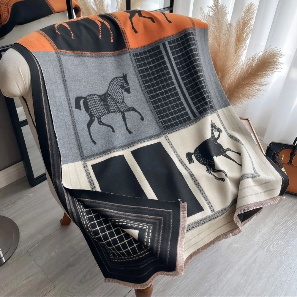 Autumn Winter Horse Print Pashmina Shawl Scarf – Black & Orange | Brand New